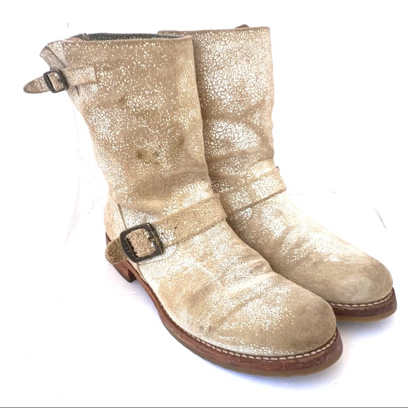 Distressed Frye Engineer Combat Boots Buckle Strap Calf Height Size 10 Cream Tan - Picture 3 of 12